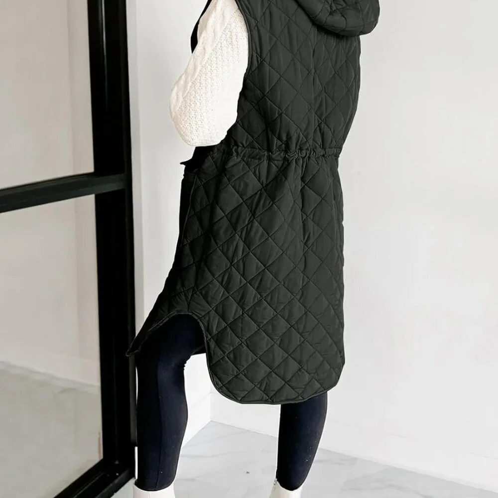 Women's Sleeveless Long Puffer Vest Quilted Hooded Winter Coat Light Warm - Picture 6 of 6